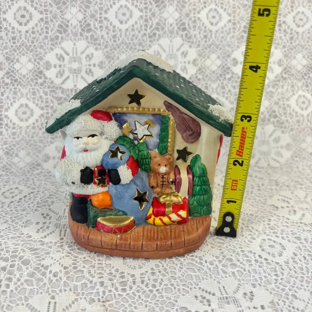 Vintage Christmas Santa House Tealight Candle Holder Ceramic Holiday Luminary